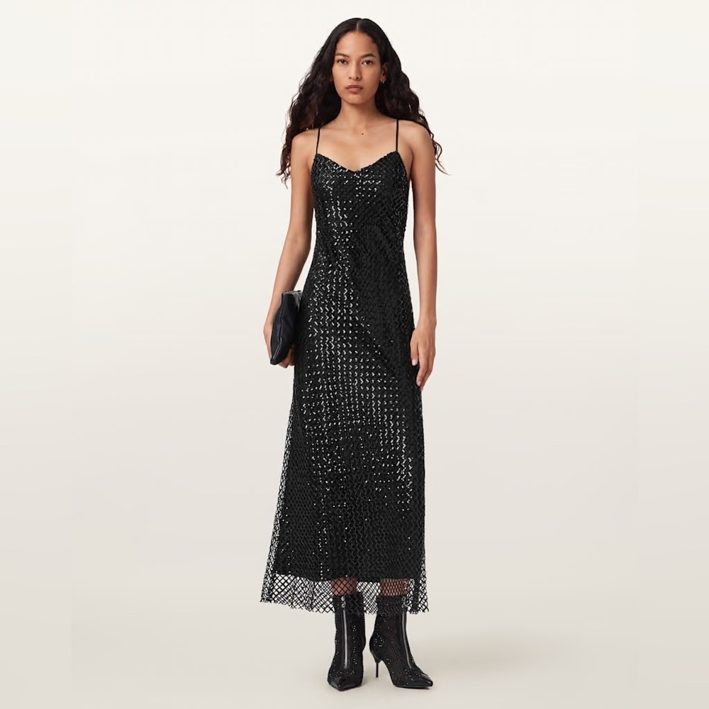 All Saints Black Sequin Midi Dress
ALLSAINTS CHANTELLE SEQUIN MIDI SLIP DRESS